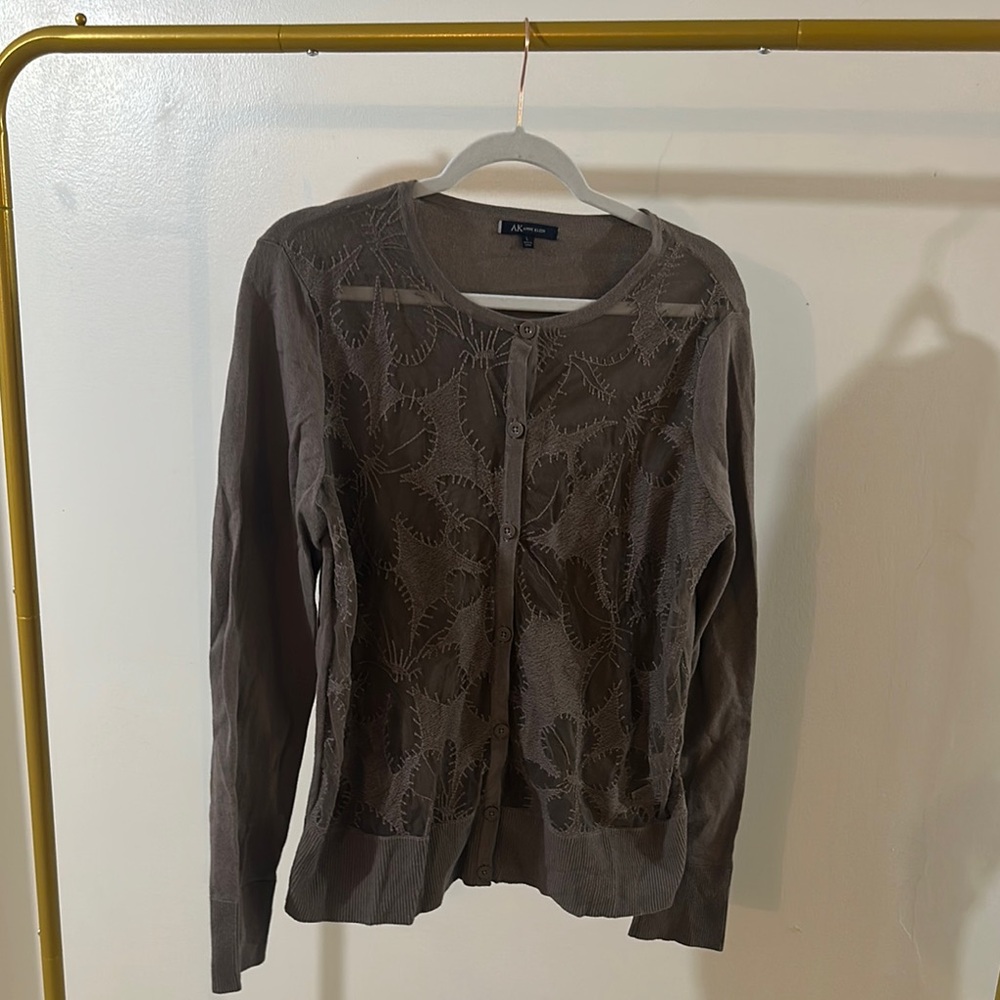 Womens Anne Klein Brown Cardigan with Leaf  Sheer front Pattern